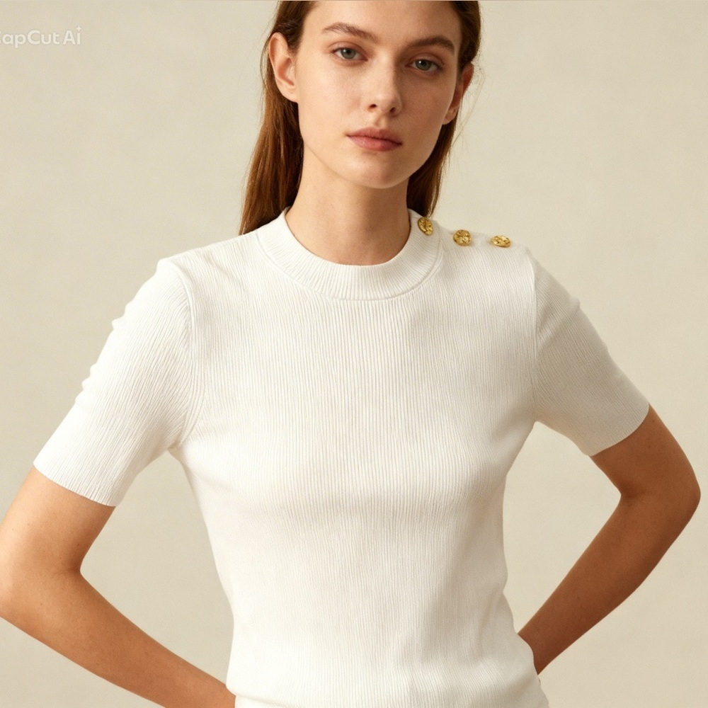 Tory Burch ribbed short sleeves top with Gold Button